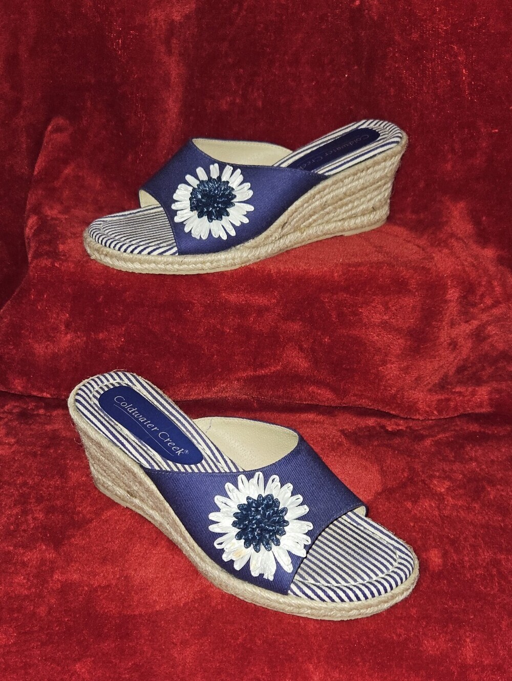 Coldwater Creek Blue & White Espadrille Slip-On Sandals w/White Flower - Size 6M